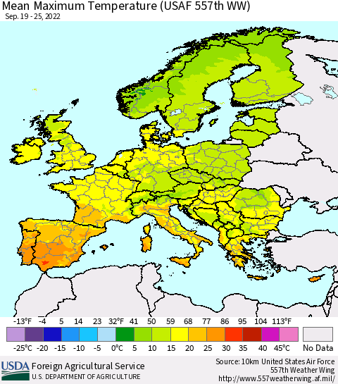 Europe Mean Maximum Temperature (USAF 557th WW) Thematic Map For 9/19/2022 - 9/25/2022