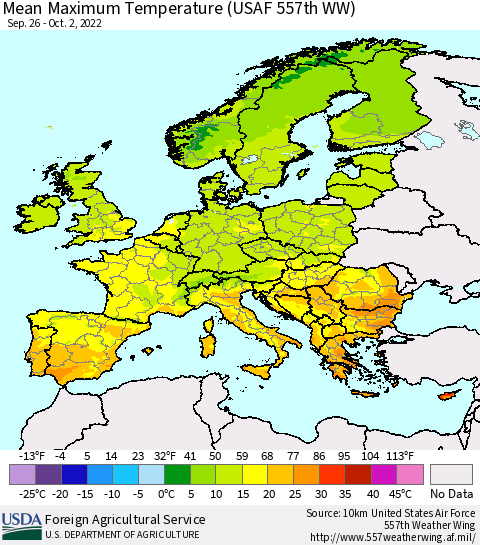 Europe Mean Maximum Temperature (USAF 557th WW) Thematic Map For 9/26/2022 - 10/2/2022