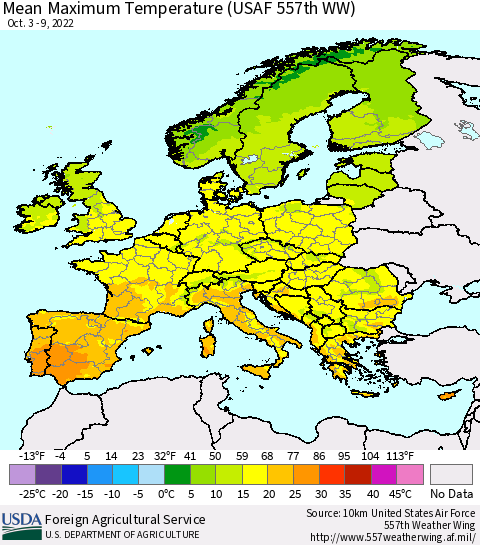 Europe Mean Maximum Temperature (USAF 557th WW) Thematic Map For 10/3/2022 - 10/9/2022