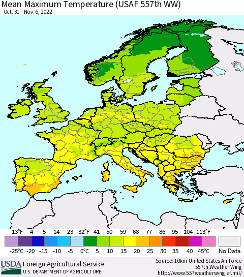Europe Mean Maximum Temperature (USAF 557th WW) Thematic Map For 10/31/2022 - 11/6/2022