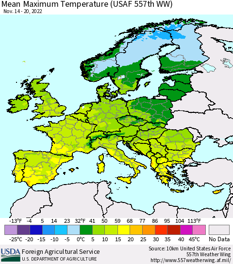 Europe Mean Maximum Temperature (USAF 557th WW) Thematic Map For 11/14/2022 - 11/20/2022
