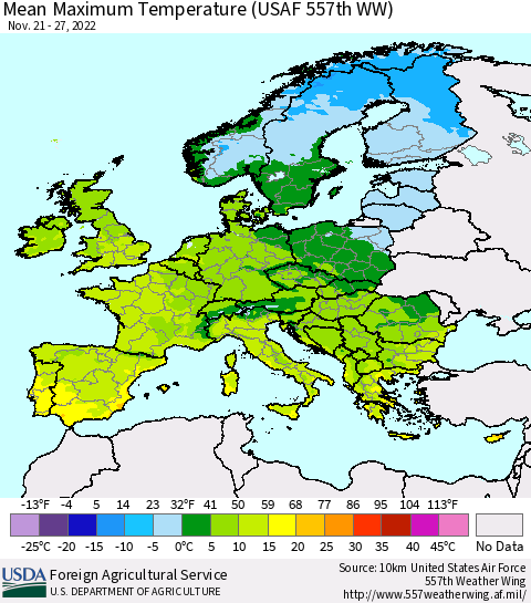 Europe Mean Maximum Temperature (USAF 557th WW) Thematic Map For 11/21/2022 - 11/27/2022