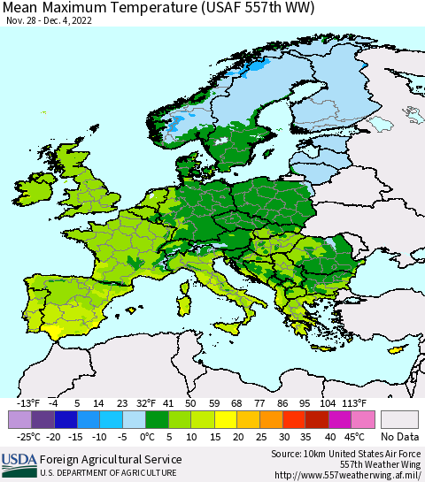 Europe Mean Maximum Temperature (USAF 557th WW) Thematic Map For 11/28/2022 - 12/4/2022