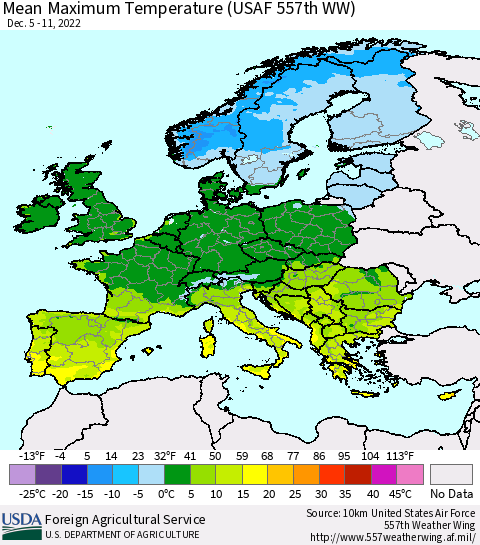 Europe Mean Maximum Temperature (USAF 557th WW) Thematic Map For 12/5/2022 - 12/11/2022