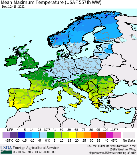 Europe Mean Maximum Temperature (USAF 557th WW) Thematic Map For 12/12/2022 - 12/18/2022