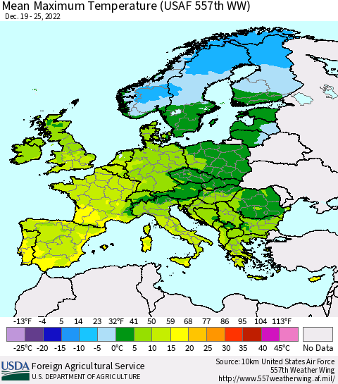 Europe Mean Maximum Temperature (USAF 557th WW) Thematic Map For 12/19/2022 - 12/25/2022