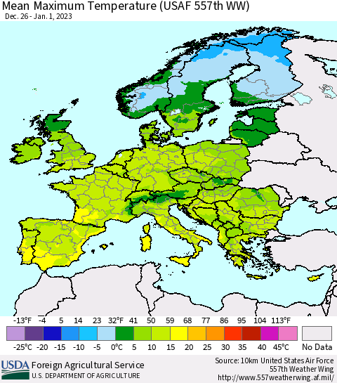 Europe Mean Maximum Temperature (USAF 557th WW) Thematic Map For 12/26/2022 - 1/1/2023