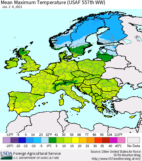 Europe Mean Maximum Temperature (USAF 557th WW) Thematic Map For 1/2/2023 - 1/8/2023