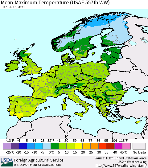 Europe Mean Maximum Temperature (USAF 557th WW) Thematic Map For 1/9/2023 - 1/15/2023
