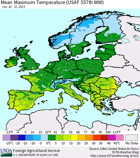 Europe Mean Maximum Temperature (USAF 557th WW) Thematic Map For 1/16/2023 - 1/22/2023