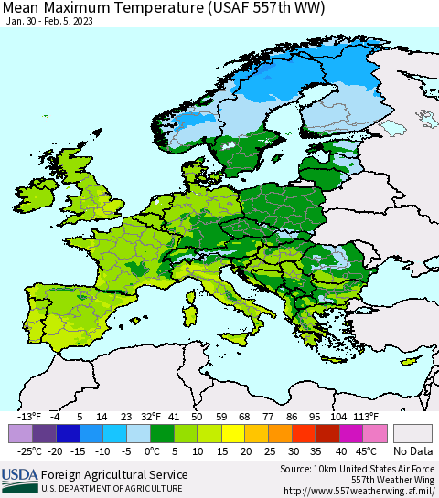 Europe Mean Maximum Temperature (USAF 557th WW) Thematic Map For 1/30/2023 - 2/5/2023