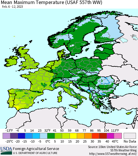 Europe Mean Maximum Temperature (USAF 557th WW) Thematic Map For 2/6/2023 - 2/12/2023