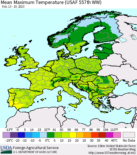 Europe Mean Maximum Temperature (USAF 557th WW) Thematic Map For 2/13/2023 - 2/19/2023