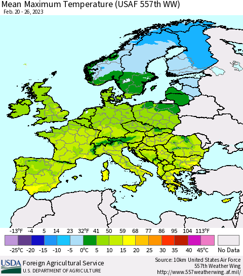 Europe Mean Maximum Temperature (USAF 557th WW) Thematic Map For 2/20/2023 - 2/26/2023