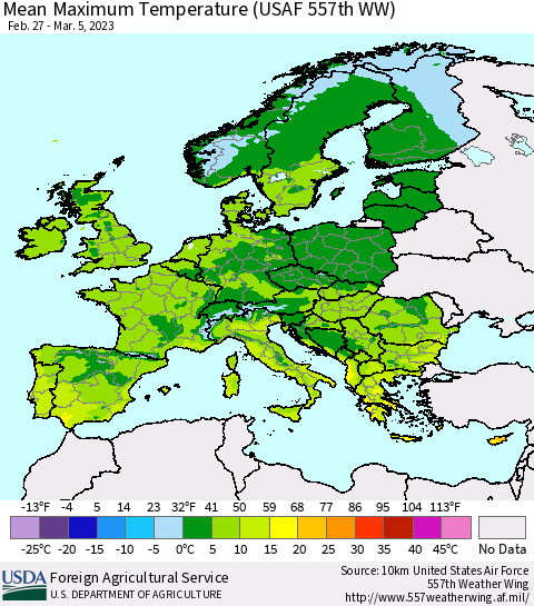 Europe Mean Maximum Temperature (USAF 557th WW) Thematic Map For 2/27/2023 - 3/5/2023