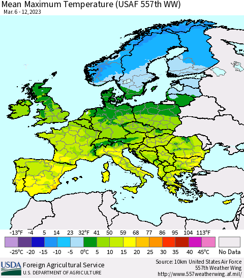 Europe Mean Maximum Temperature (USAF 557th WW) Thematic Map For 3/6/2023 - 3/12/2023