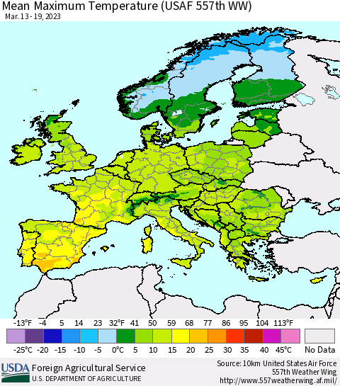 Europe Mean Maximum Temperature (USAF 557th WW) Thematic Map For 3/13/2023 - 3/19/2023