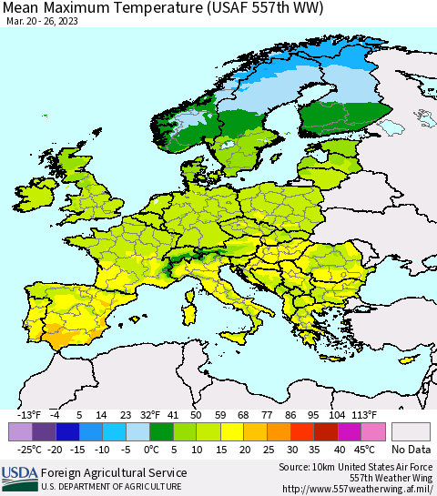 Europe Mean Maximum Temperature (USAF 557th WW) Thematic Map For 3/20/2023 - 3/26/2023
