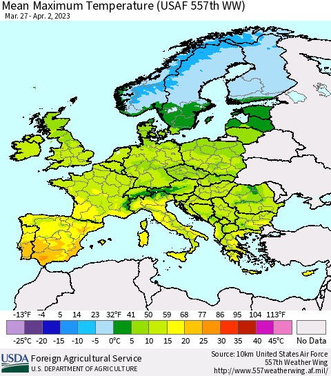 Europe Mean Maximum Temperature (USAF 557th WW) Thematic Map For 3/27/2023 - 4/2/2023
