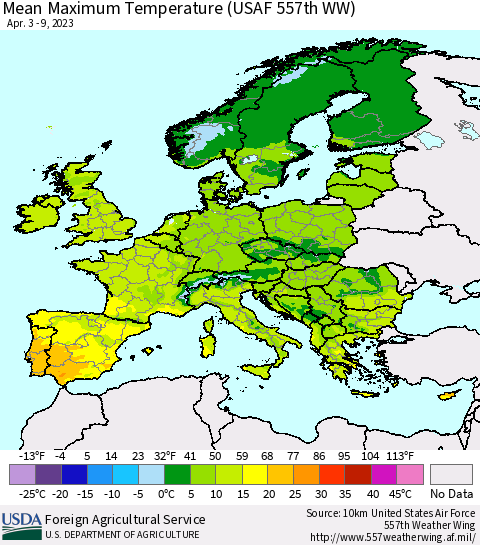 Europe Mean Maximum Temperature (USAF 557th WW) Thematic Map For 4/3/2023 - 4/9/2023