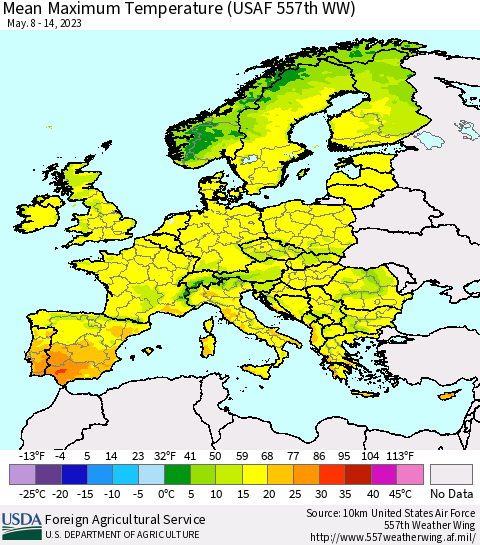 Europe Mean Maximum Temperature (USAF 557th WW) Thematic Map For 5/8/2023 - 5/14/2023
