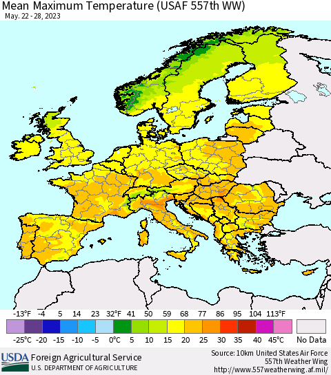 Europe Mean Maximum Temperature (USAF 557th WW) Thematic Map For 5/22/2023 - 5/28/2023