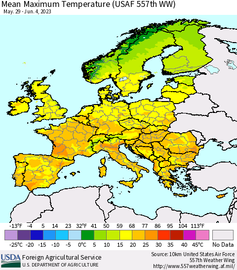 Europe Mean Maximum Temperature (USAF 557th WW) Thematic Map For 5/29/2023 - 6/4/2023