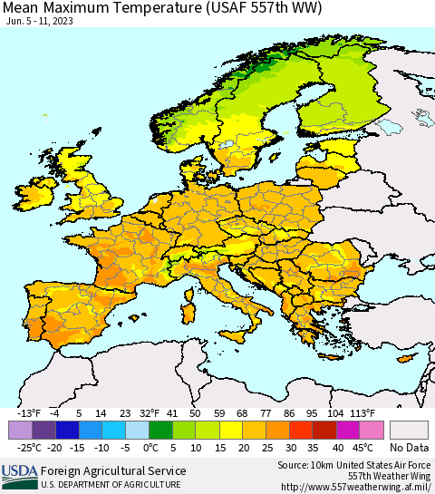 Europe Mean Maximum Temperature (USAF 557th WW) Thematic Map For 6/5/2023 - 6/11/2023
