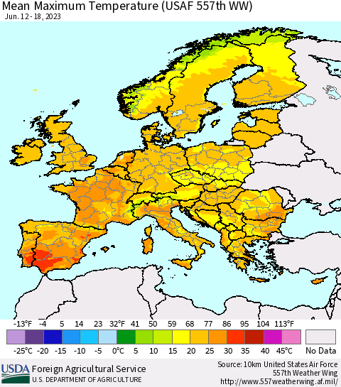 Europe Mean Maximum Temperature (USAF 557th WW) Thematic Map For 6/12/2023 - 6/18/2023
