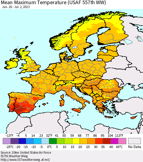 Europe Mean Maximum Temperature (USAF 557th WW) Thematic Map For 6/26/2023 - 7/2/2023