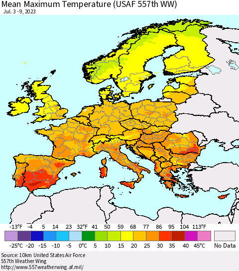Europe Mean Maximum Temperature (USAF 557th WW) Thematic Map For 7/3/2023 - 7/9/2023