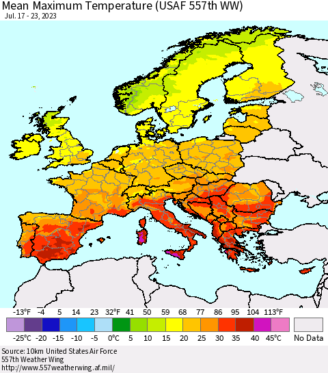 Europe Mean Maximum Temperature (USAF 557th WW) Thematic Map For 7/17/2023 - 7/23/2023