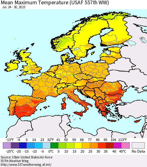 Europe Mean Maximum Temperature (USAF 557th WW) Thematic Map For 7/24/2023 - 7/30/2023