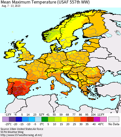 Europe Mean Maximum Temperature (USAF 557th WW) Thematic Map For 8/7/2023 - 8/13/2023