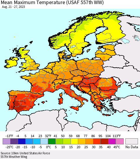 Europe Mean Maximum Temperature (USAF 557th WW) Thematic Map For 8/21/2023 - 8/27/2023