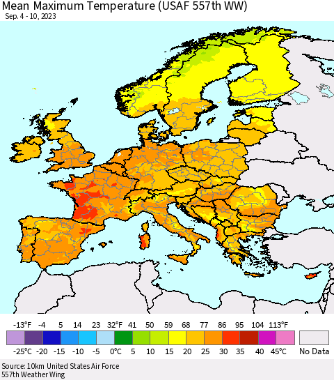 Europe Mean Maximum Temperature (USAF 557th WW) Thematic Map For 9/4/2023 - 9/10/2023