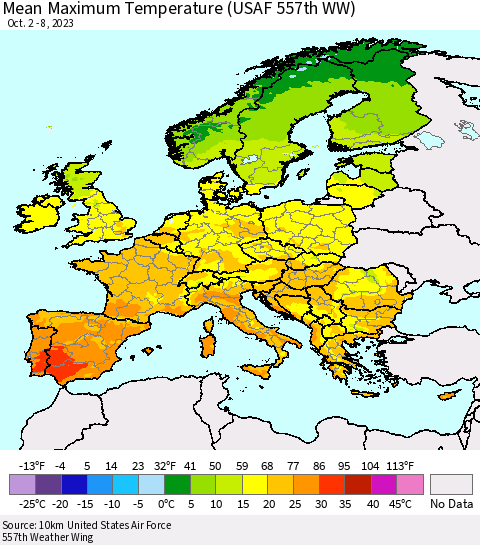 Europe Mean Maximum Temperature (USAF 557th WW) Thematic Map For 10/2/2023 - 10/8/2023