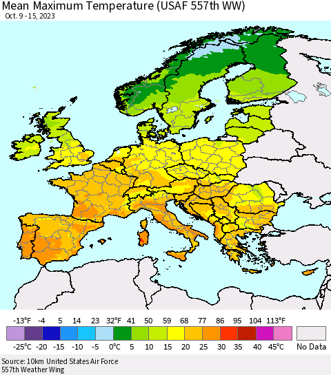 Europe Mean Maximum Temperature (USAF 557th WW) Thematic Map For 10/9/2023 - 10/15/2023
