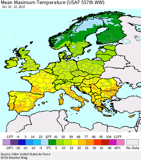 Europe Mean Maximum Temperature (USAF 557th WW) Thematic Map For 10/16/2023 - 10/22/2023