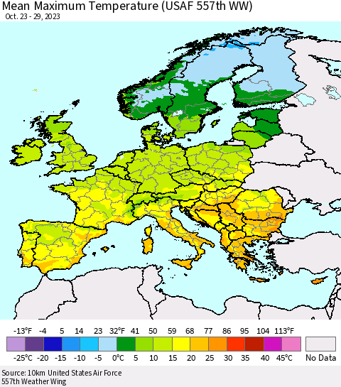 Europe Mean Maximum Temperature (USAF 557th WW) Thematic Map For 10/23/2023 - 10/29/2023