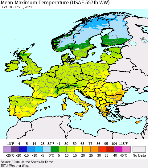 Europe Mean Maximum Temperature (USAF 557th WW) Thematic Map For 10/30/2023 - 11/5/2023