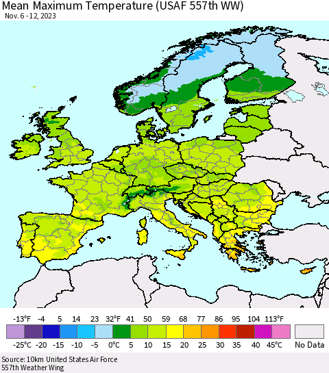 Europe Mean Maximum Temperature (USAF 557th WW) Thematic Map For 11/6/2023 - 11/12/2023