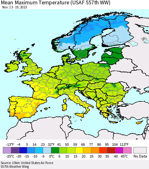 Europe Mean Maximum Temperature (USAF 557th WW) Thematic Map For 11/13/2023 - 11/19/2023