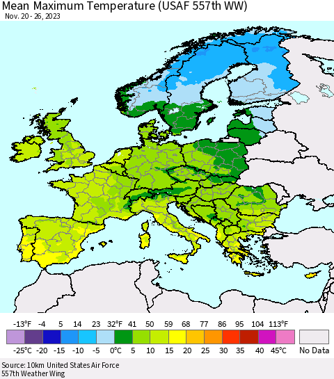 Europe Mean Maximum Temperature (USAF 557th WW) Thematic Map For 11/20/2023 - 11/26/2023