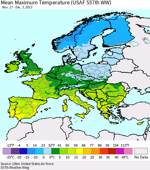 Europe Mean Maximum Temperature (USAF 557th WW) Thematic Map For 11/27/2023 - 12/3/2023