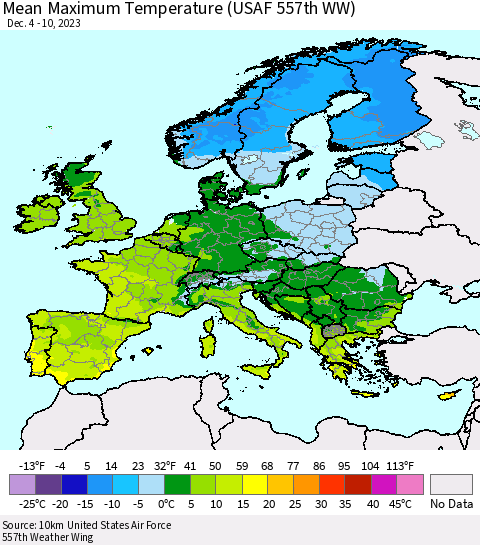 Europe Mean Maximum Temperature (USAF 557th WW) Thematic Map For 12/4/2023 - 12/10/2023