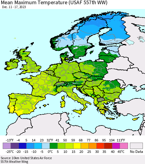 Europe Mean Maximum Temperature (USAF 557th WW) Thematic Map For 12/11/2023 - 12/17/2023