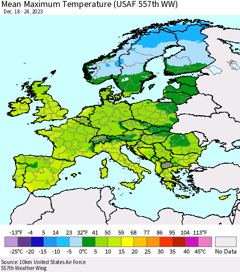 Europe Mean Maximum Temperature (USAF 557th WW) Thematic Map For 12/18/2023 - 12/24/2023