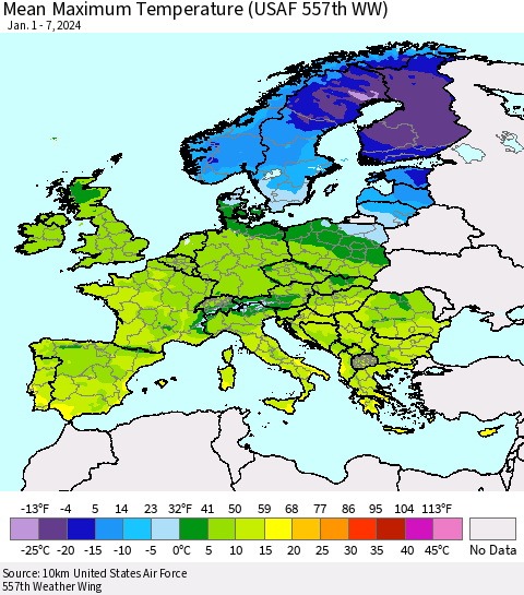 Europe Mean Maximum Temperature (USAF 557th WW) Thematic Map For 1/1/2024 - 1/7/2024