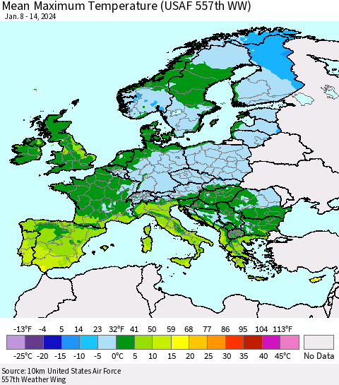Europe Mean Maximum Temperature (USAF 557th WW) Thematic Map For 1/8/2024 - 1/14/2024